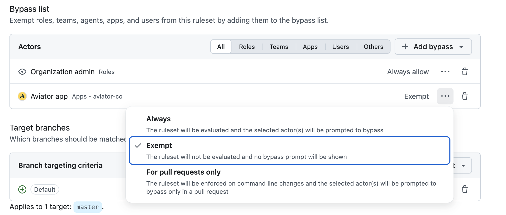 Ruleset bypass list with the Aviator app set to Exempt