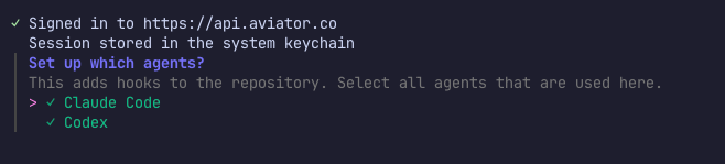 Terminal output confirming the sign-in and that the session is stored in the system keychain, followed by a Set up which agents? prompt with Claude Code and Codex both checked