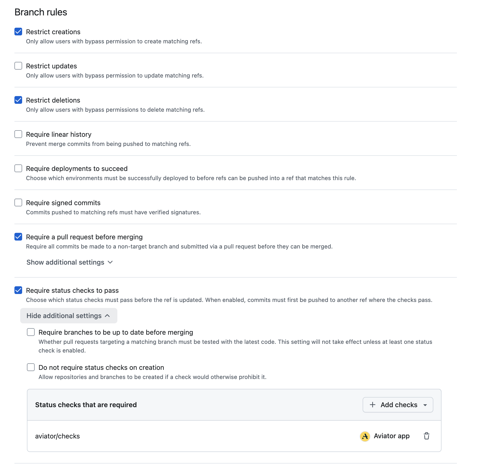 Branch rules with Restrict updates unchecked and aviator/checks listed as a required status check