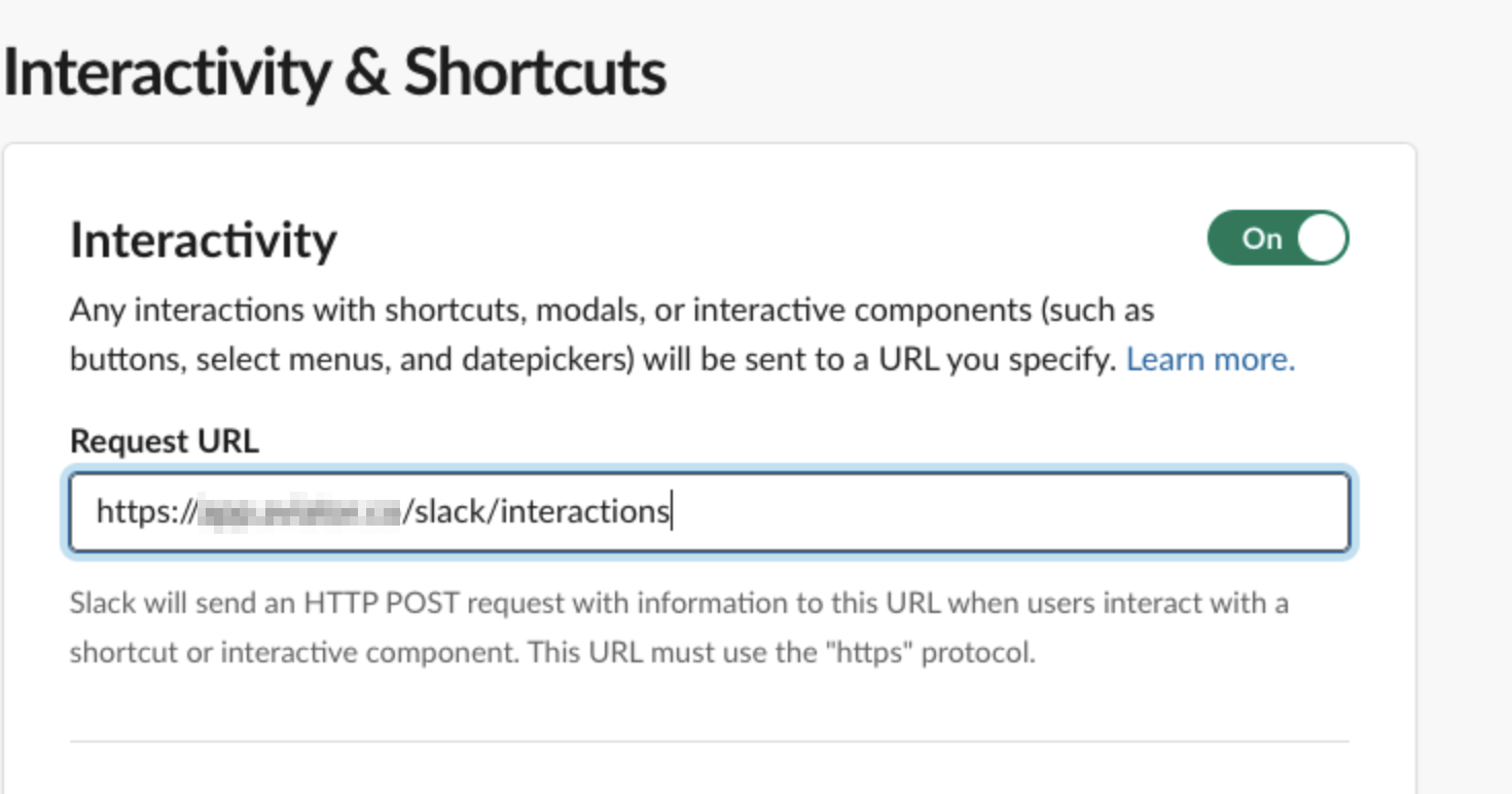 The Interactivity & Shortcuts page in Slack app config, with Interactivity toggled On and the Request URL set to your Aviator instance's /slack/interactions endpoint