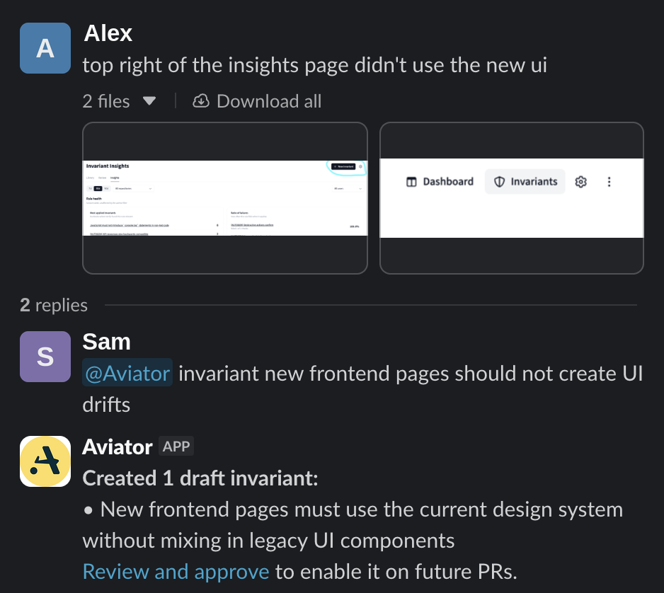 A Slack thread where a user reports a UI inconsistency, a teammate replies with an @Aviator invariant command, and Aviator responds with a draft invariant and a review link