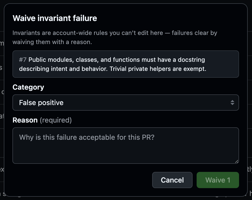 The waive dialog showing the invariant text, a category dropdown set to False positive, and a required reason field