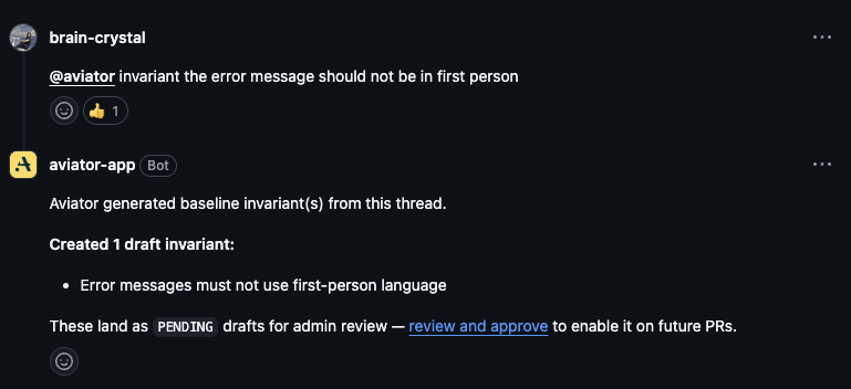 A PR comment reading @aviator invariant the error message should not be in first person, with Aviator replying with a draft invariant and a review link