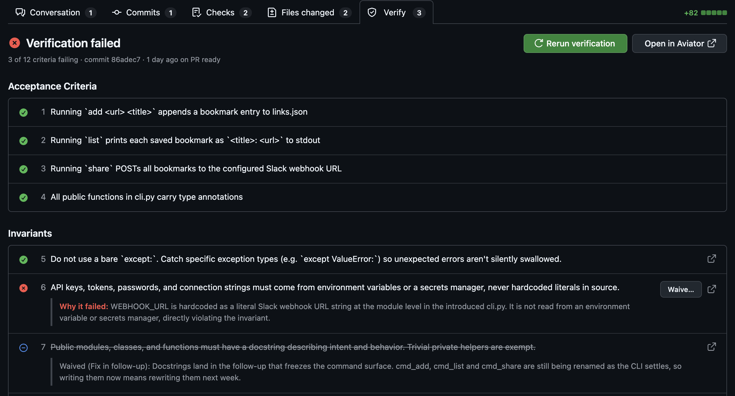 The Verify tab selected on a GitHub pull request, showing the run outcome, passing acceptance criteria, a failing invariant and a waived one